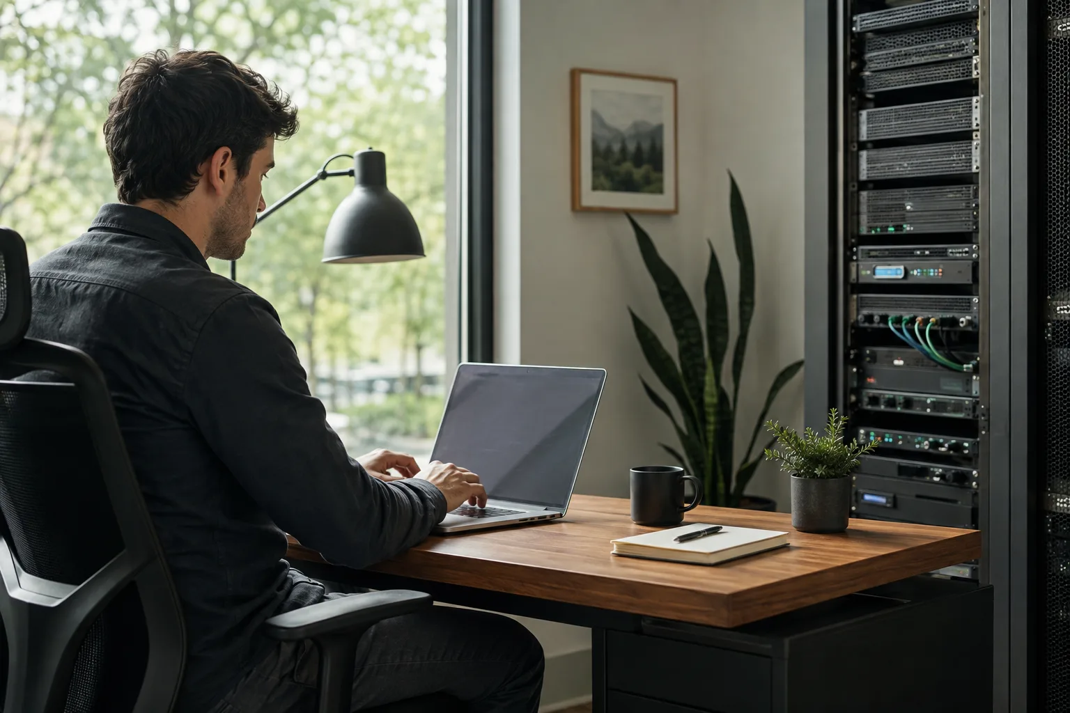 SleekVPS engineer working beside cloud infrastructure