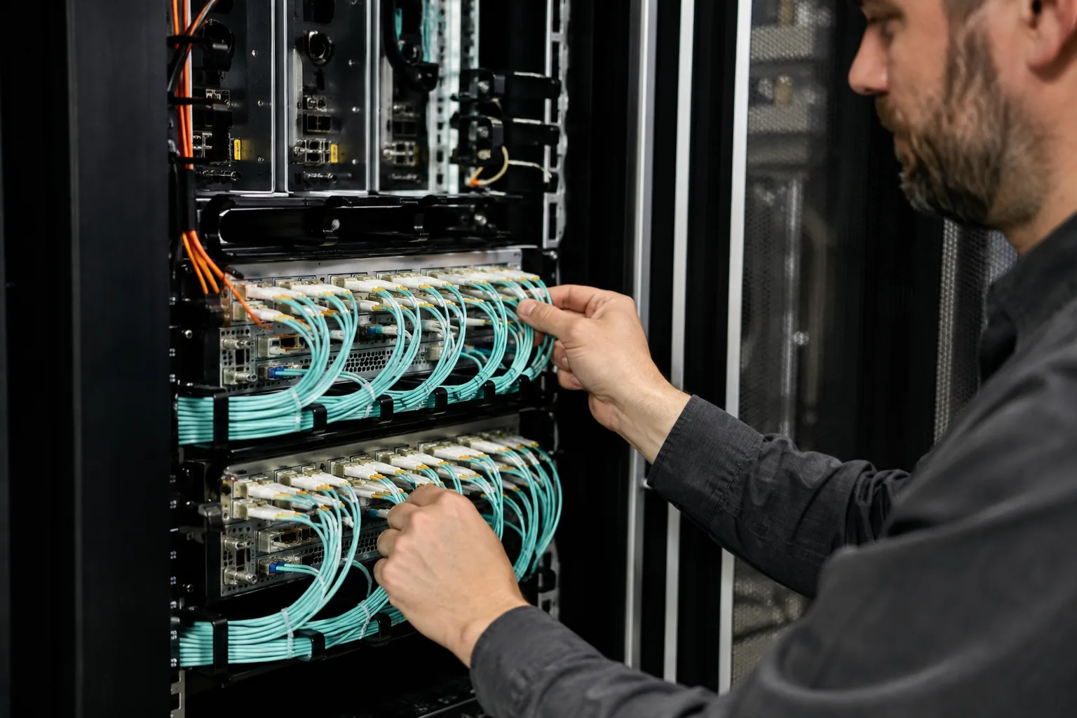 SleekVPS technician inspecting fiber infrastructure